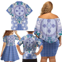 Hawaii Violet Palaka Family Matching Off Shoulder Short Dress and Hawaiian Shirt With Tapa Pattern Tropical Flowers - Polynesian Pride