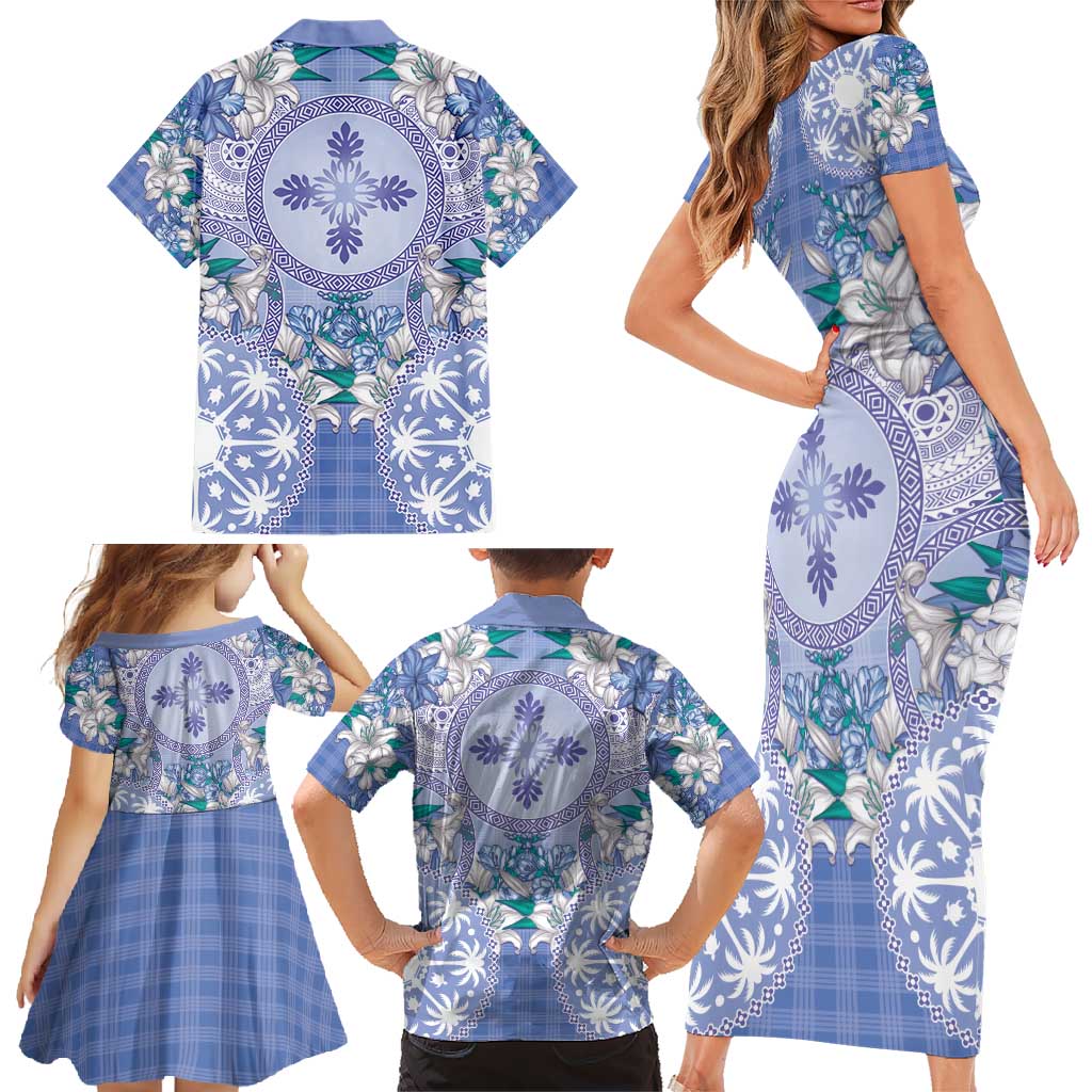 Hawaii Violet Palaka Family Matching Short Sleeve Bodycon Dress and Hawaiian Shirt With Tapa Pattern Tropical Flowers - Polynesian Pride