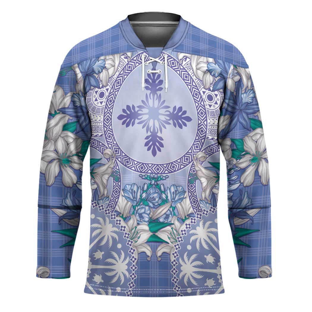 Hawaii Violet Palaka Hockey Jersey With Tapa Pattern Tropical Flowers - Polynesian Pride
