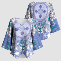 Hawaii Violet Palaka Kimono Sleeve Blouse With Tapa Pattern Tropical Flowers - Polynesian Pride