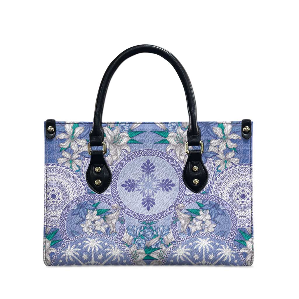 Hawaii Violet Palaka Leather Bag With Tapa Pattern Tropical Flowers - Polynesian Pride