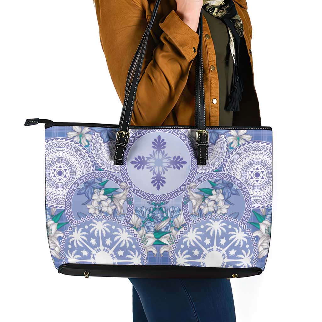 Hawaii Violet Palaka Leather Tote Bag With Tapa Pattern Tropical Flowers - Polynesian Pride