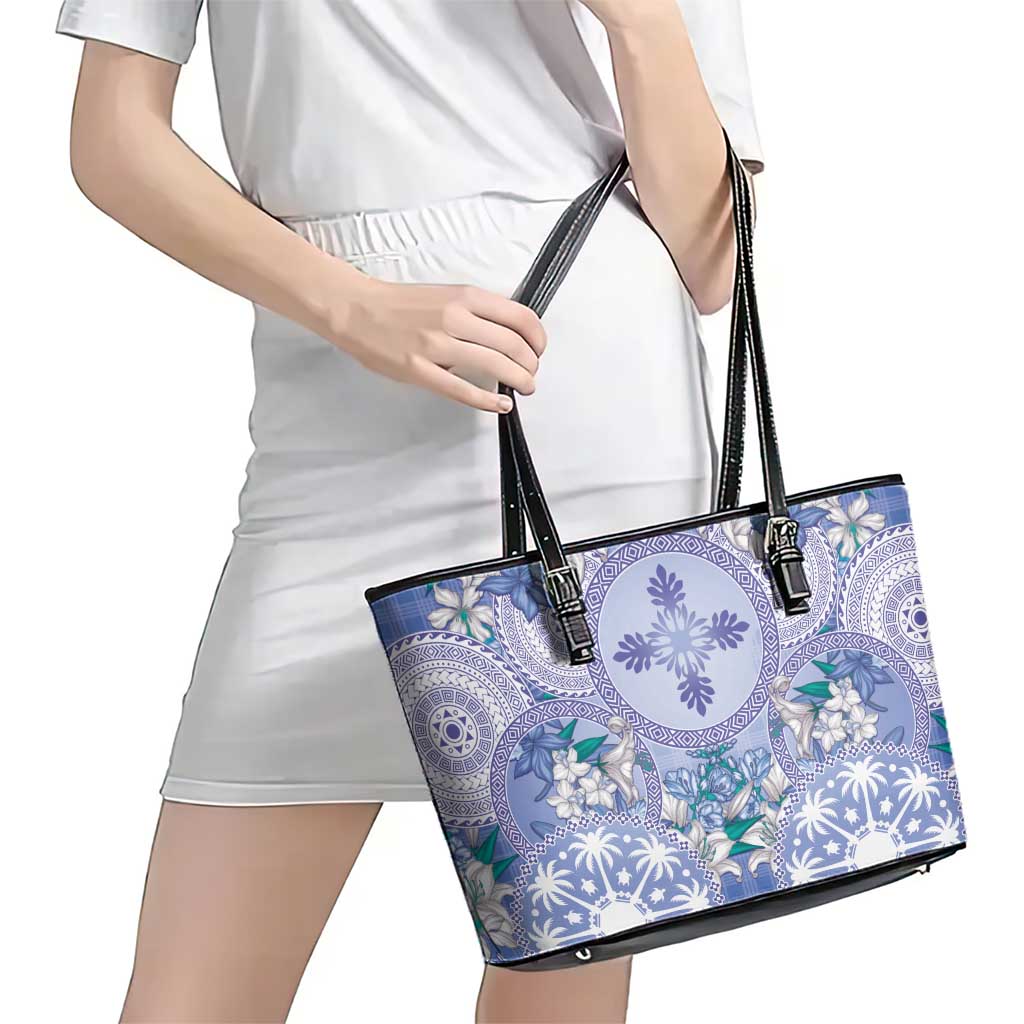 Hawaii Violet Palaka Leather Tote Bag With Tapa Pattern Tropical Flowers - Polynesian Pride