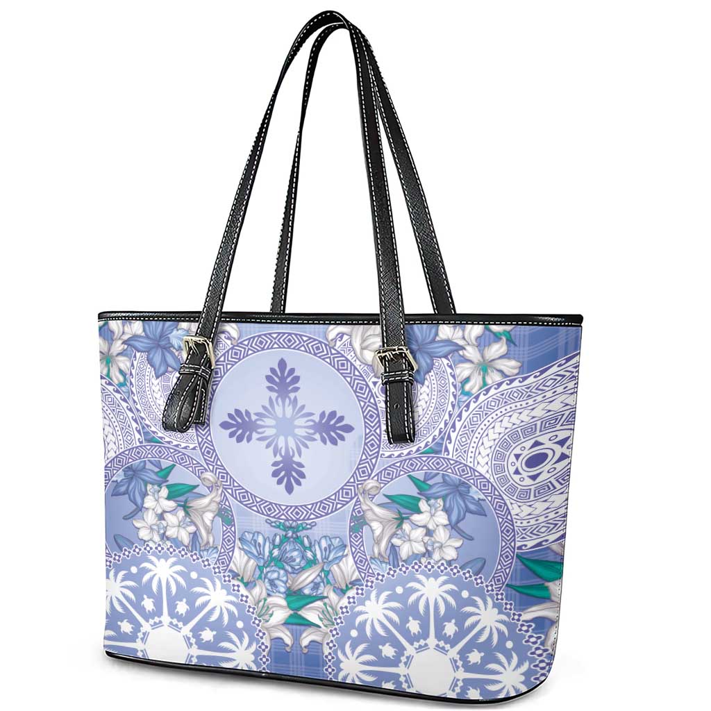 Hawaii Violet Palaka Leather Tote Bag With Tapa Pattern Tropical Flowers - Polynesian Pride