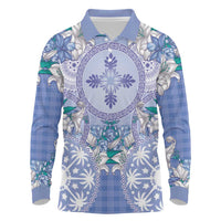 Hawaii Violet Palaka Long Sleeve Polo Shirt With Tapa Pattern Tropical Flowers - Polynesian Pride