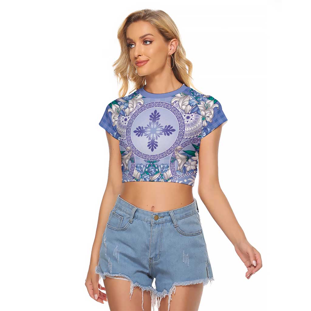 Hawaii Violet Palaka Raglan Cropped T Shirt With Tapa Pattern Tropical Flowers LT05 Female Violet - Polynesian Pride