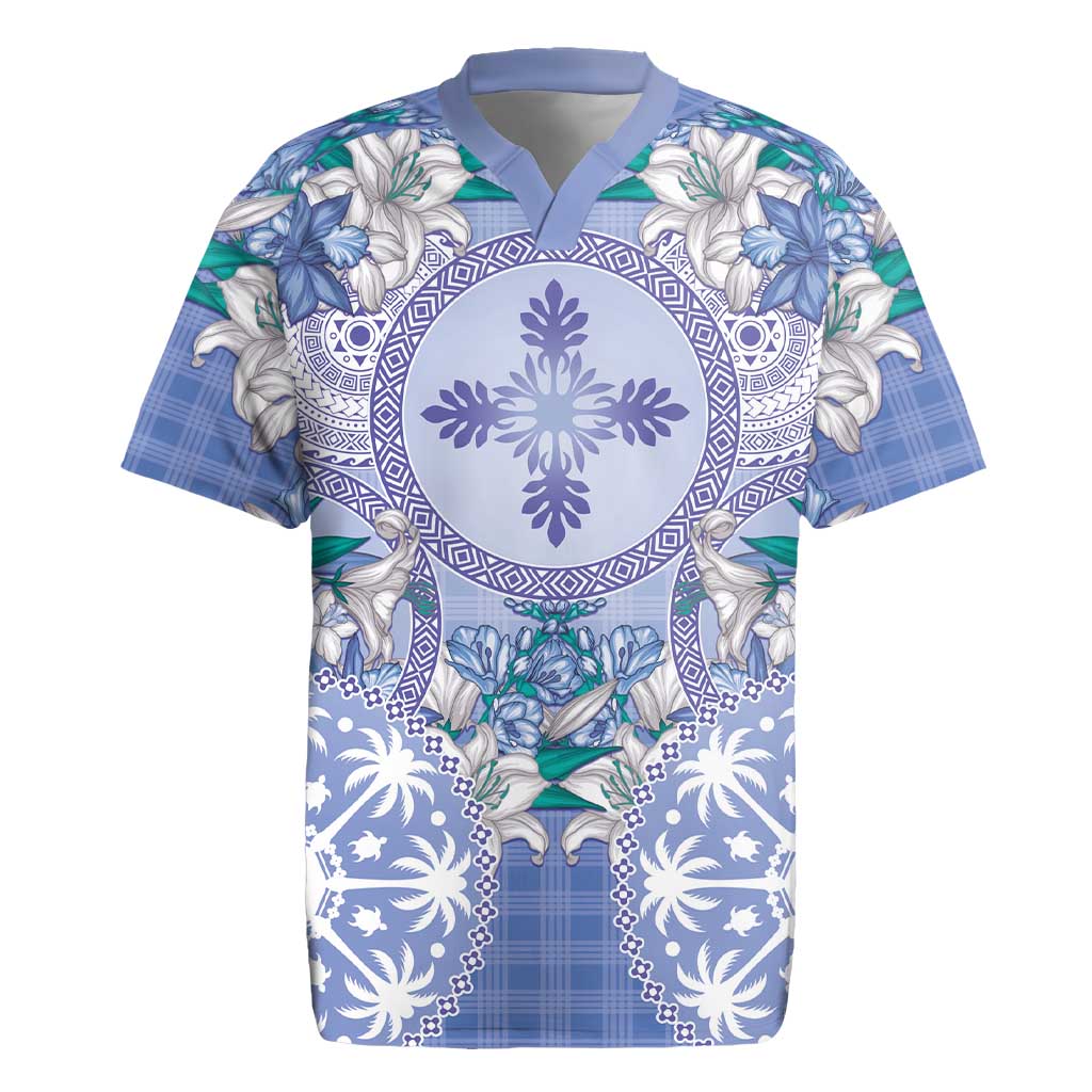 Hawaii Violet Palaka Rugby Jersey With Tapa Pattern Tropical Flowers - Polynesian Pride