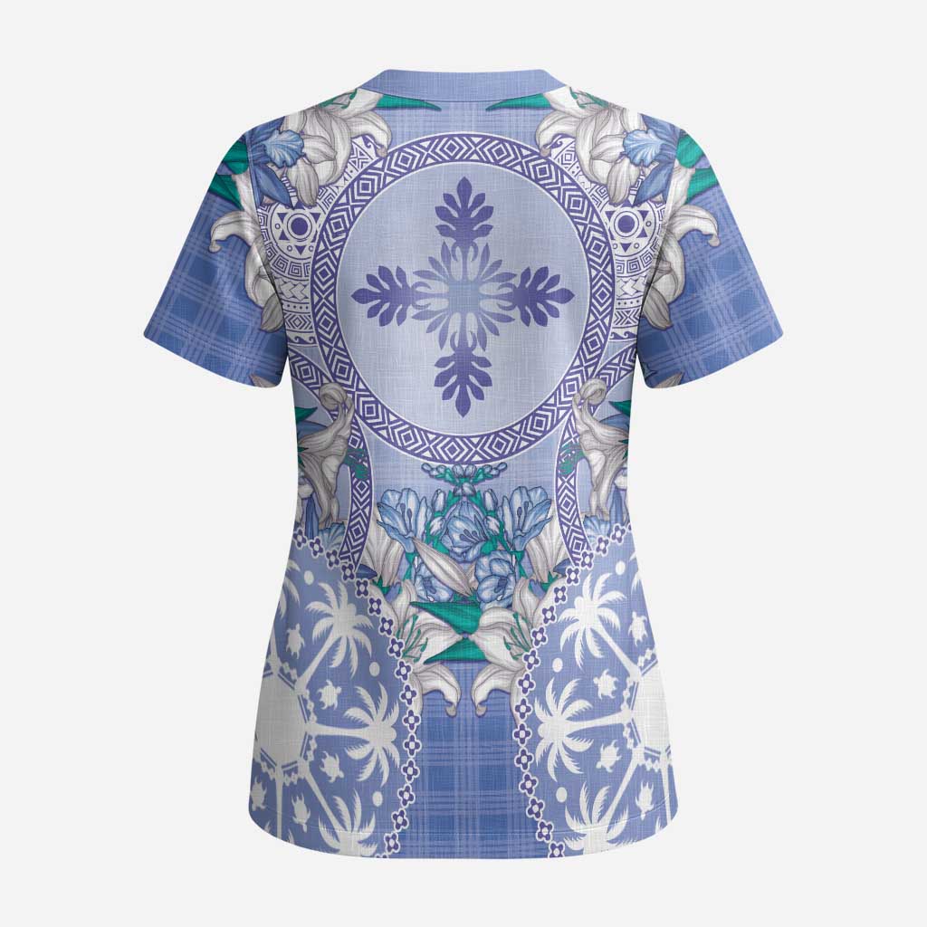 Hawaii Violet Palaka Scrub Top With Tapa Pattern Tropical Flowers - Polynesian Pride