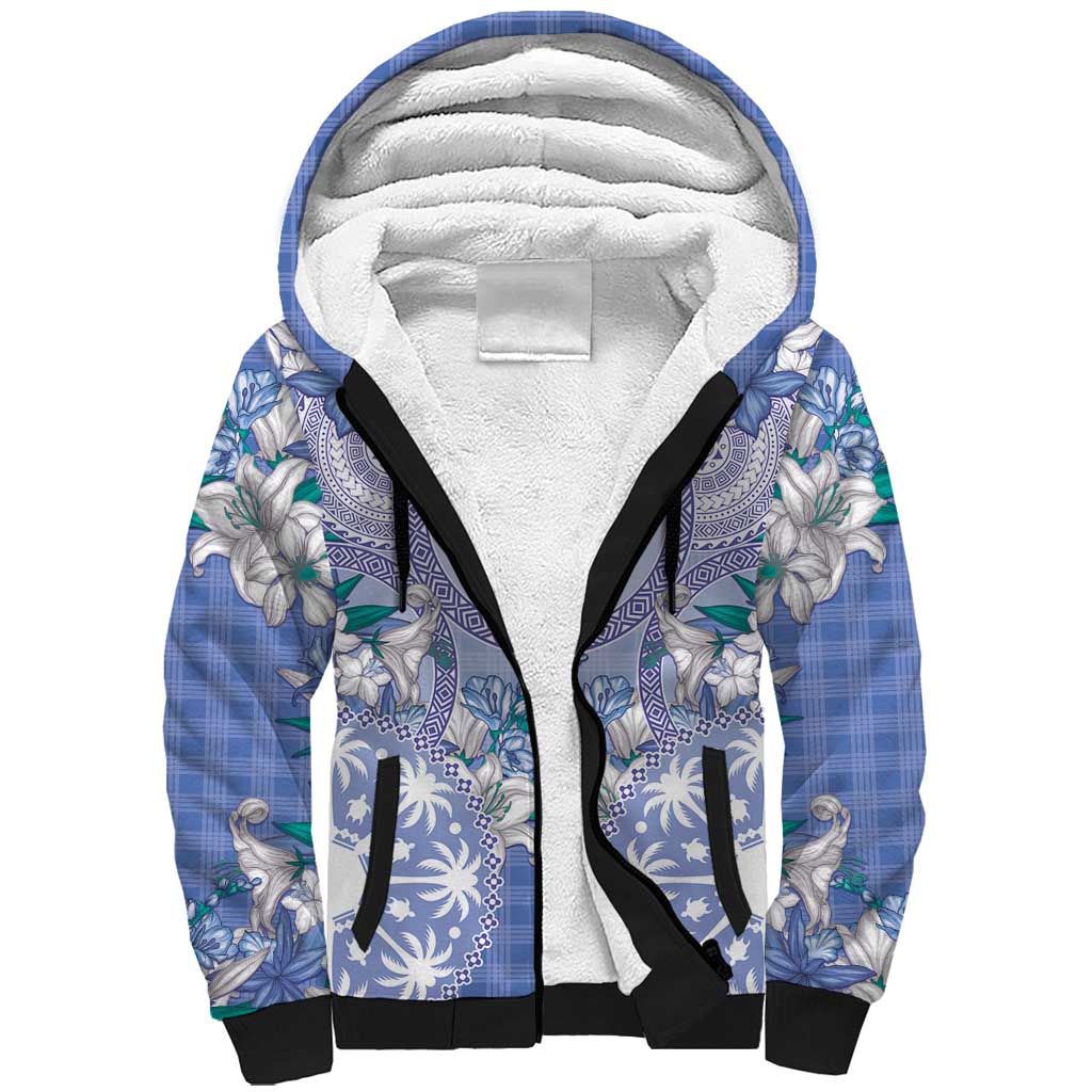 Hawaii Violet Palaka Sherpa Hoodie With Tapa Pattern Tropical Flowers - Polynesian Pride