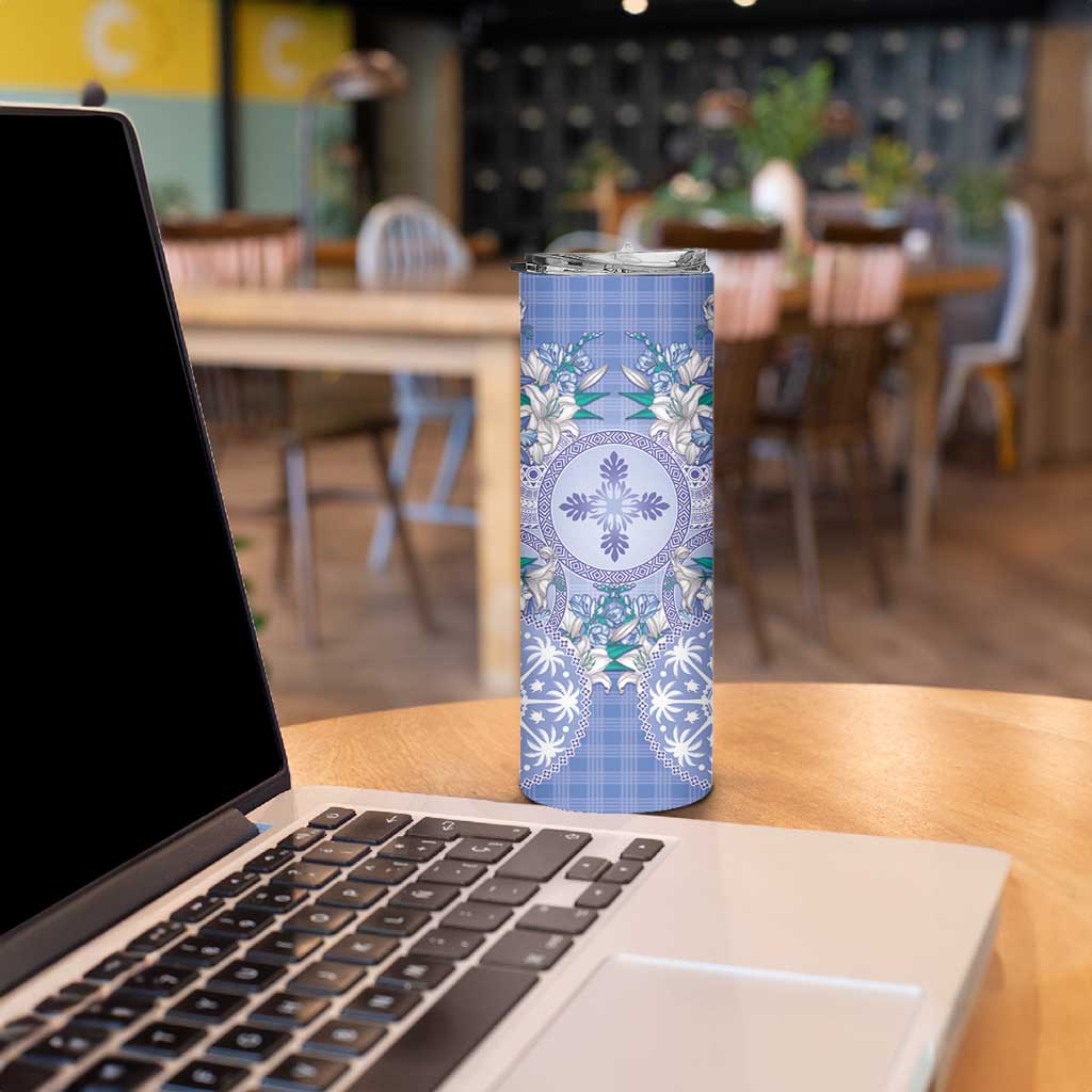 Hawaii Violet Palaka Skinny Tumbler With Tapa Pattern Tropical Flowers - Polynesian Pride