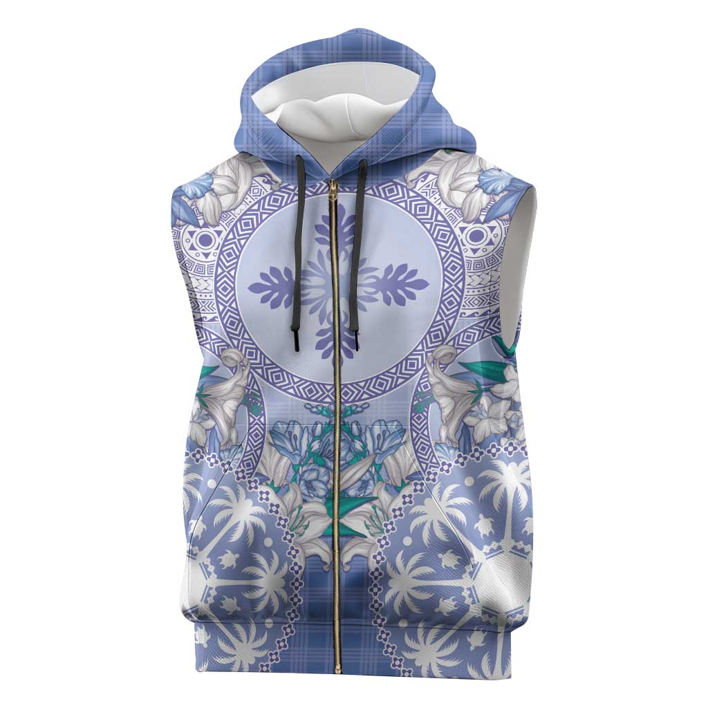 Hawaii Violet Palaka Sleeveless Zip Hoodie With Tapa Pattern Tropical Flowers - Polynesian Pride