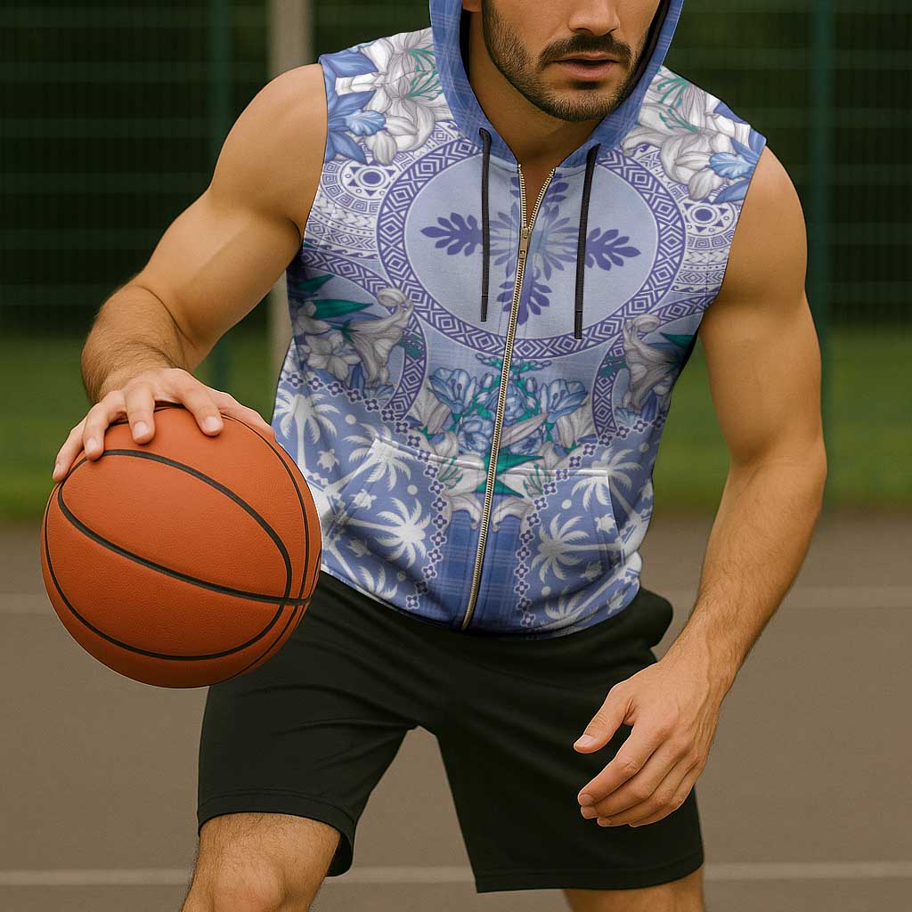 Hawaii Violet Palaka Sleeveless Zip Hoodie With Tapa Pattern Tropical Flowers - Polynesian Pride