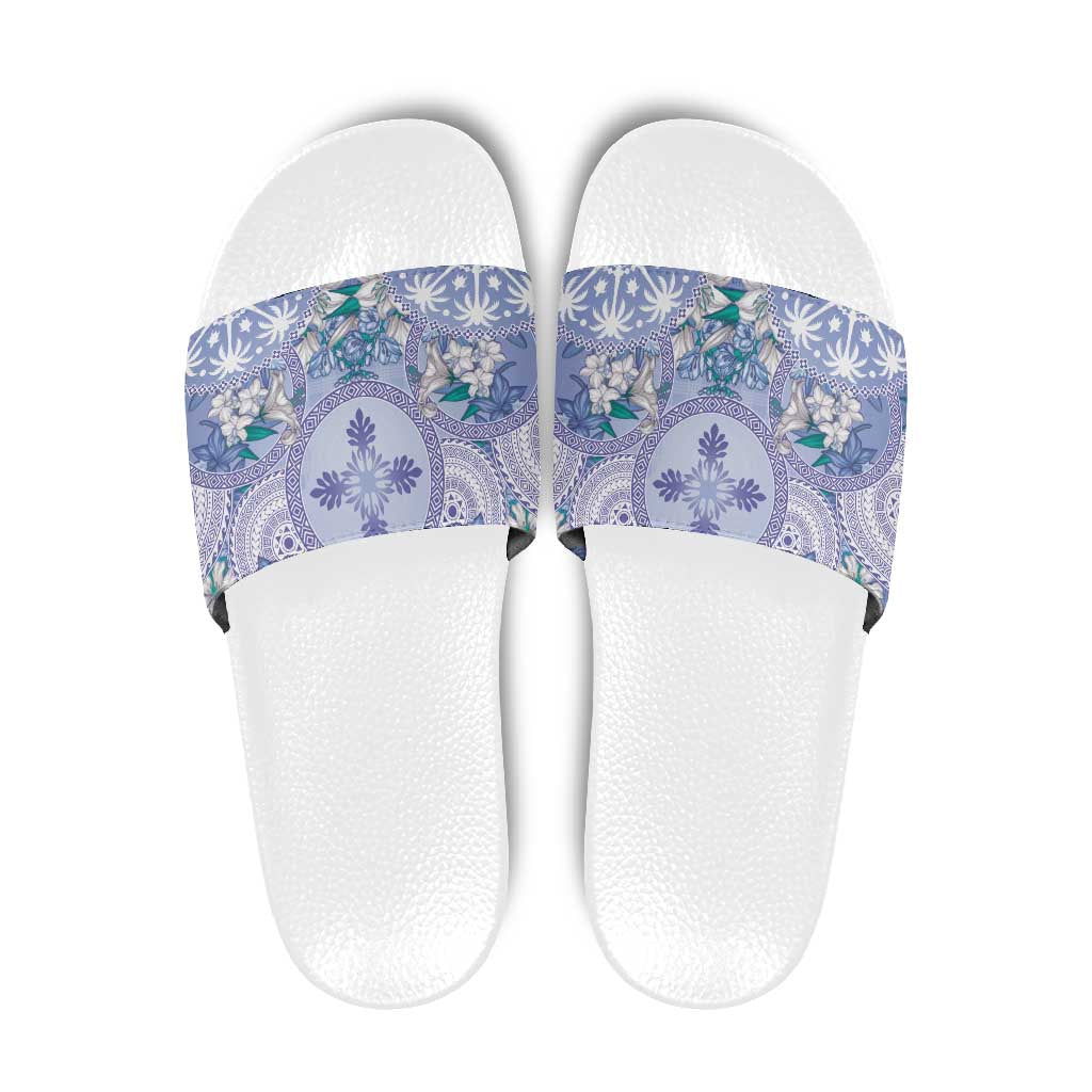 Hawaii Violet Palaka Slide Sandals With Tapa Pattern Tropical Flowers - Polynesian Pride