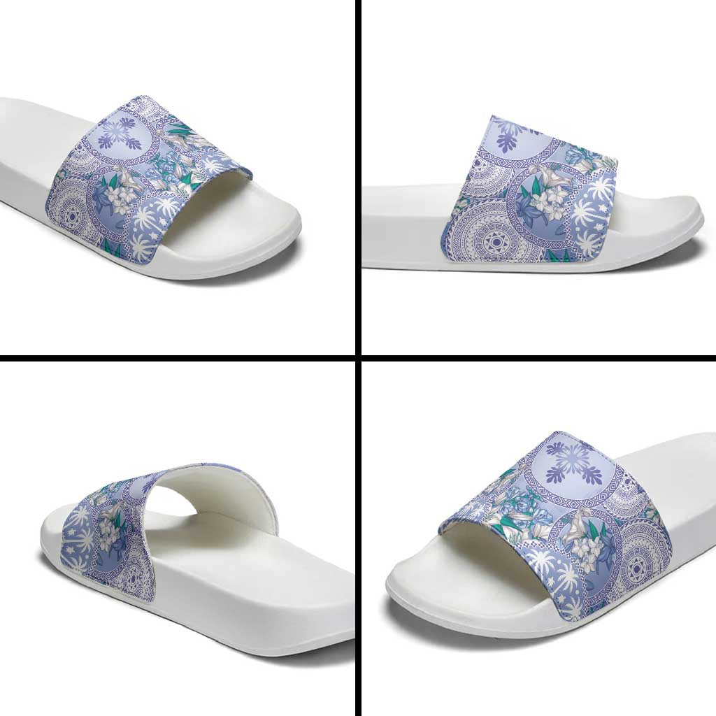 Hawaii Violet Palaka Slide Sandals With Tapa Pattern Tropical Flowers - Polynesian Pride