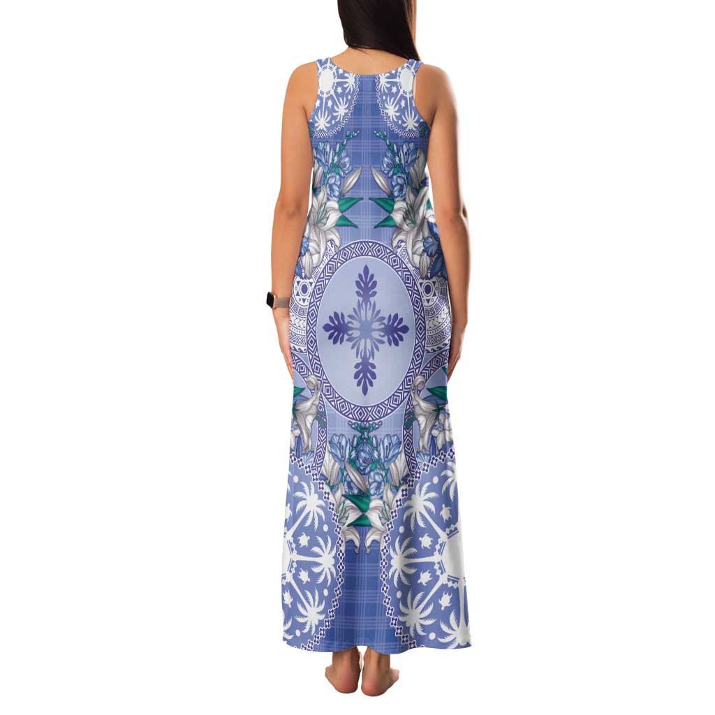 Hawaii Violet Palaka Tank Maxi Dress With Tapa Pattern Tropical Flowers - Polynesian Pride