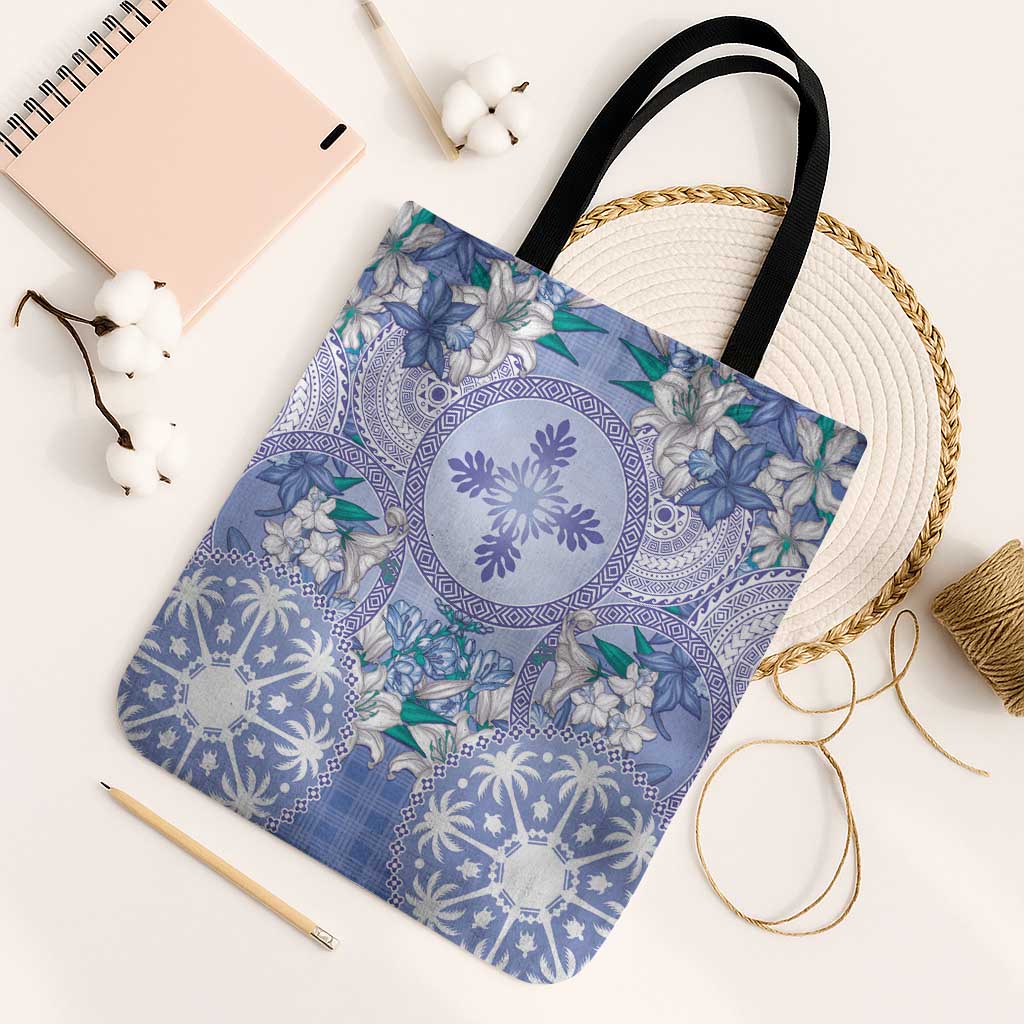 Hawaii Violet Palaka Tote Bag With Tapa Pattern Tropical Flowers LT05 Black Strap One Size Violet - Polynesian Pride