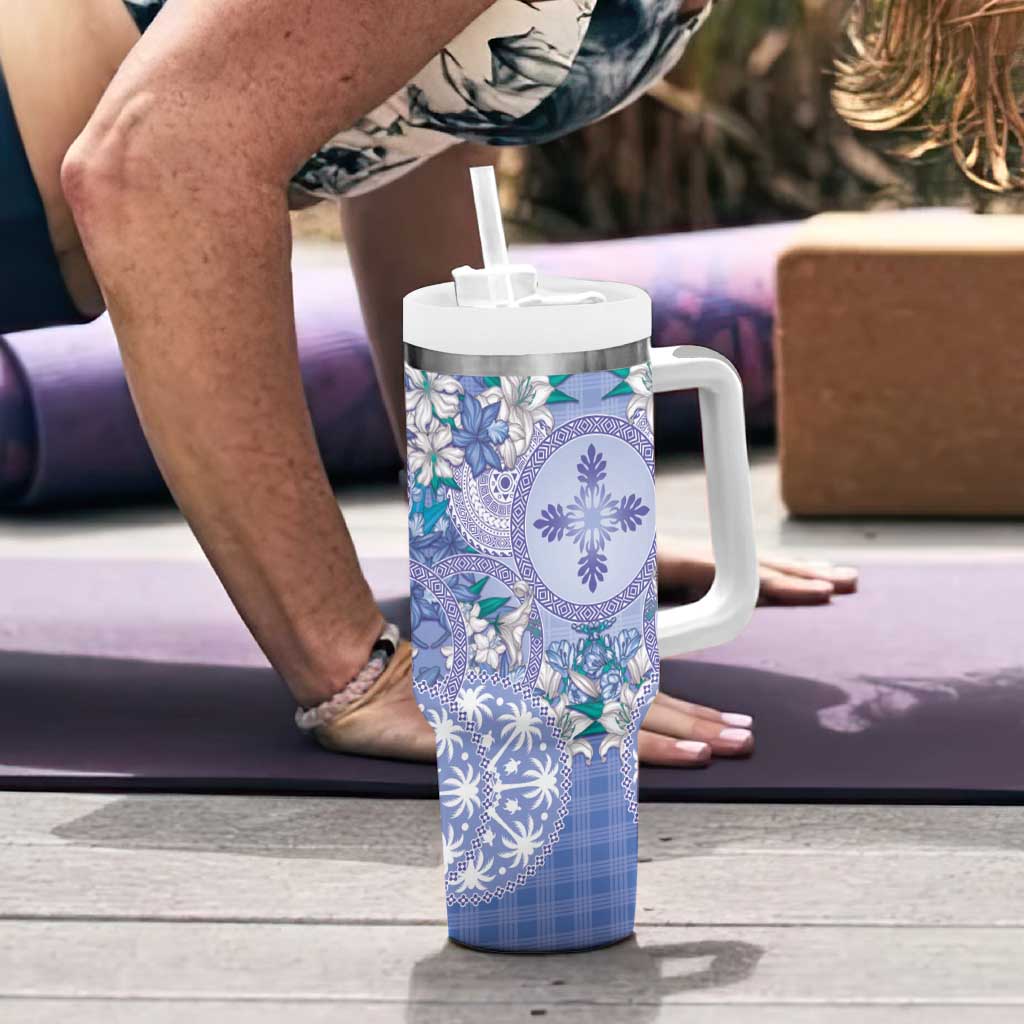 Hawaii Violet Palaka Tumbler With Handle With Tapa Pattern Tropical Flowers - Polynesian Pride
