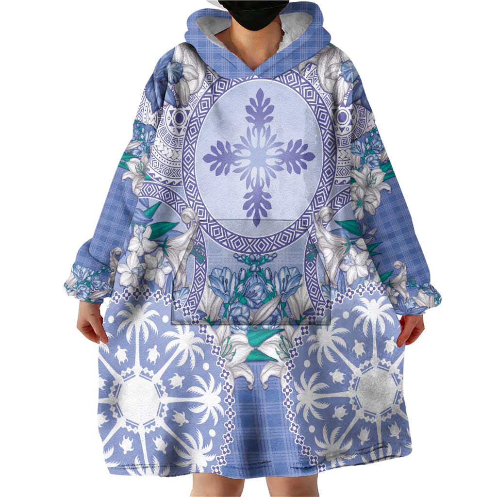 Hawaii Violet Palaka Wearable Blanket Hoodie With Tapa Pattern Tropical Flowers - Polynesian Pride