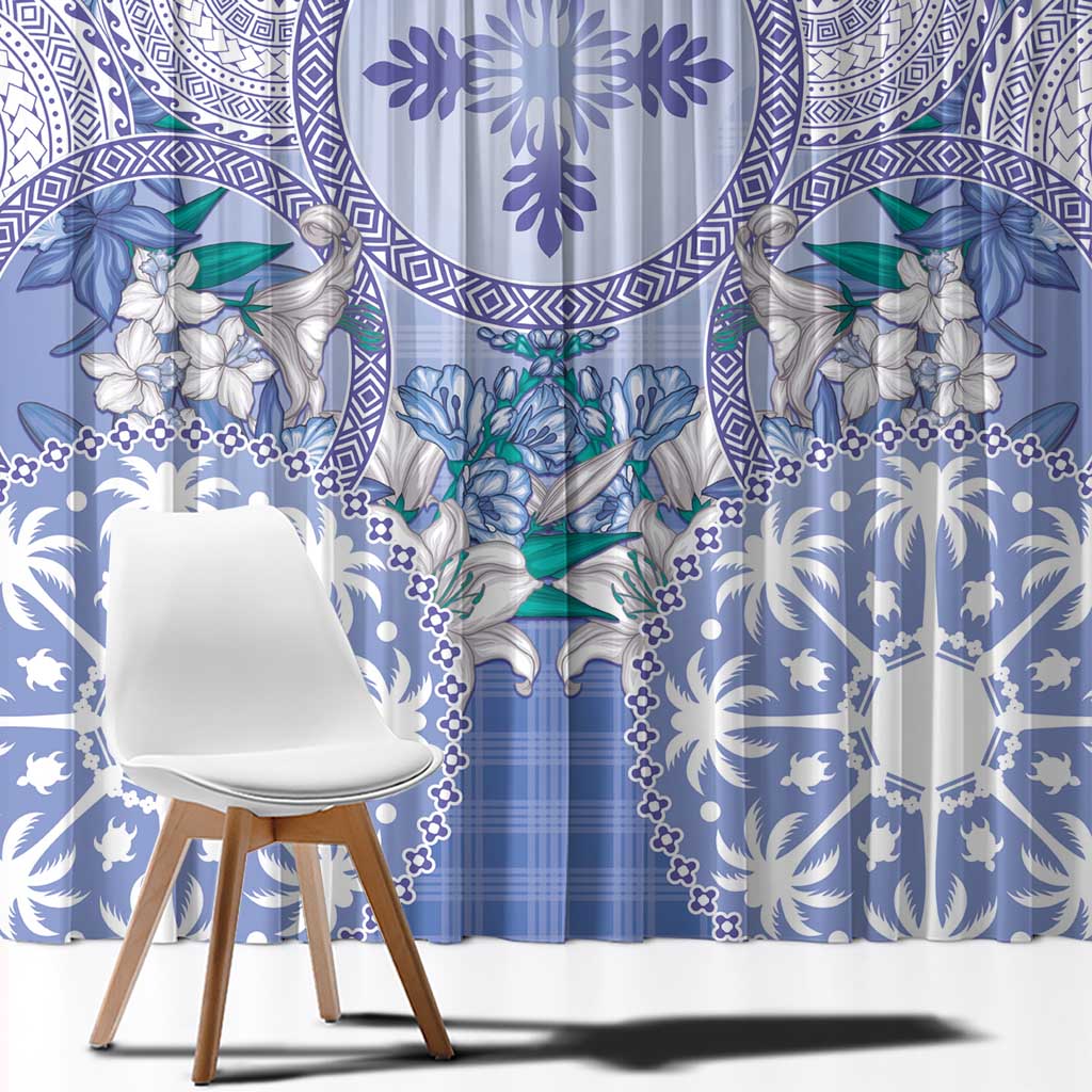 Hawaii Violet Palaka Window Curtain With Tapa Pattern Tropical Flowers - Polynesian Pride