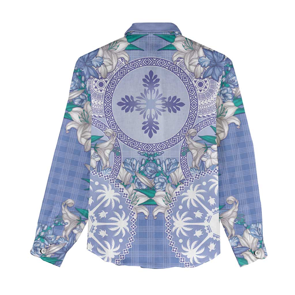 Hawaii Violet Palaka Women Casual Shirt With Tapa Pattern Tropical Flowers - Polynesian Pride