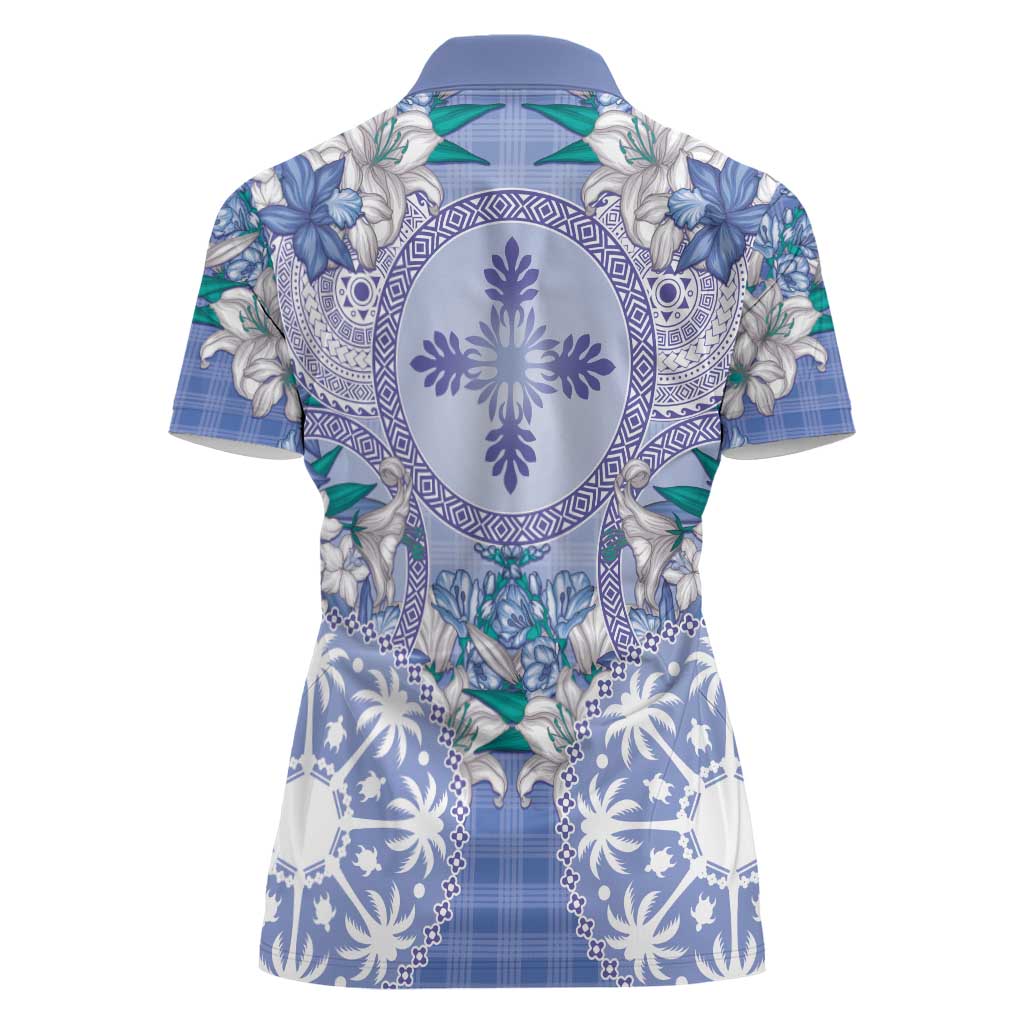 Hawaii Violet Palaka Women Polo Shirt With Tapa Pattern Tropical Flowers - Polynesian Pride