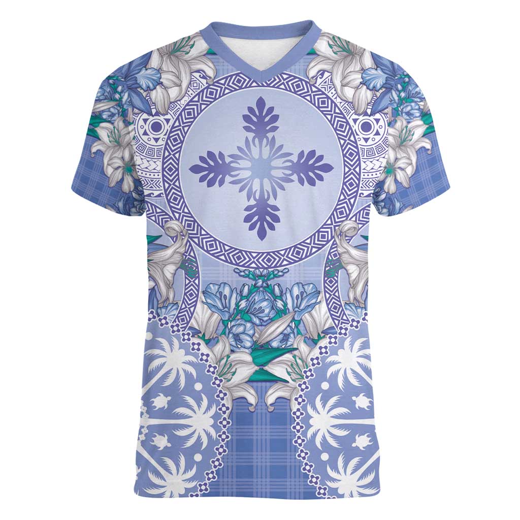 Hawaii Violet Palaka Women V-Neck T-Shirt With Tapa Pattern Tropical Flowers LT05 Female Violet - Polynesian Pride