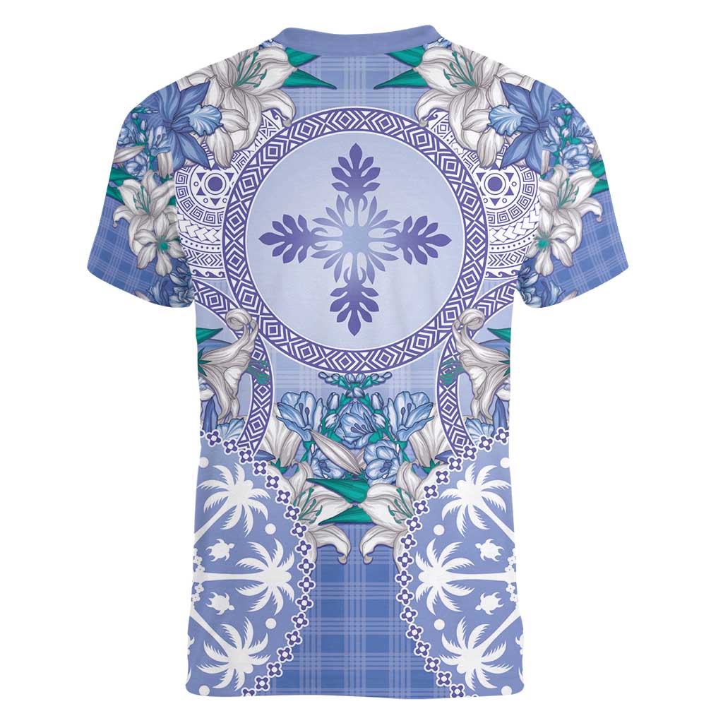 Hawaii Violet Palaka Women V-Neck T-Shirt With Tapa Pattern Tropical Flowers LT05 - Polynesian Pride
