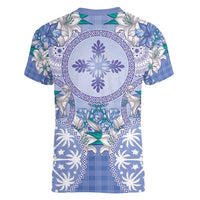Hawaii Violet Palaka Women V-Neck T-Shirt With Tapa Pattern Tropical Flowers LT05 - Polynesian Pride