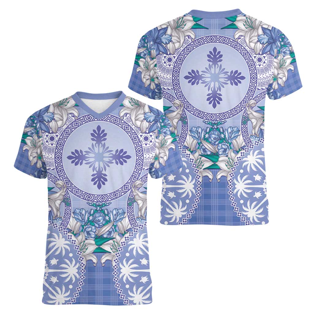 Hawaii Violet Palaka Women V-Neck T-Shirt With Tapa Pattern Tropical Flowers LT05 - Polynesian Pride