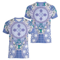 Hawaii Violet Palaka Women V-Neck T-Shirt With Tapa Pattern Tropical Flowers LT05 - Polynesian Pride