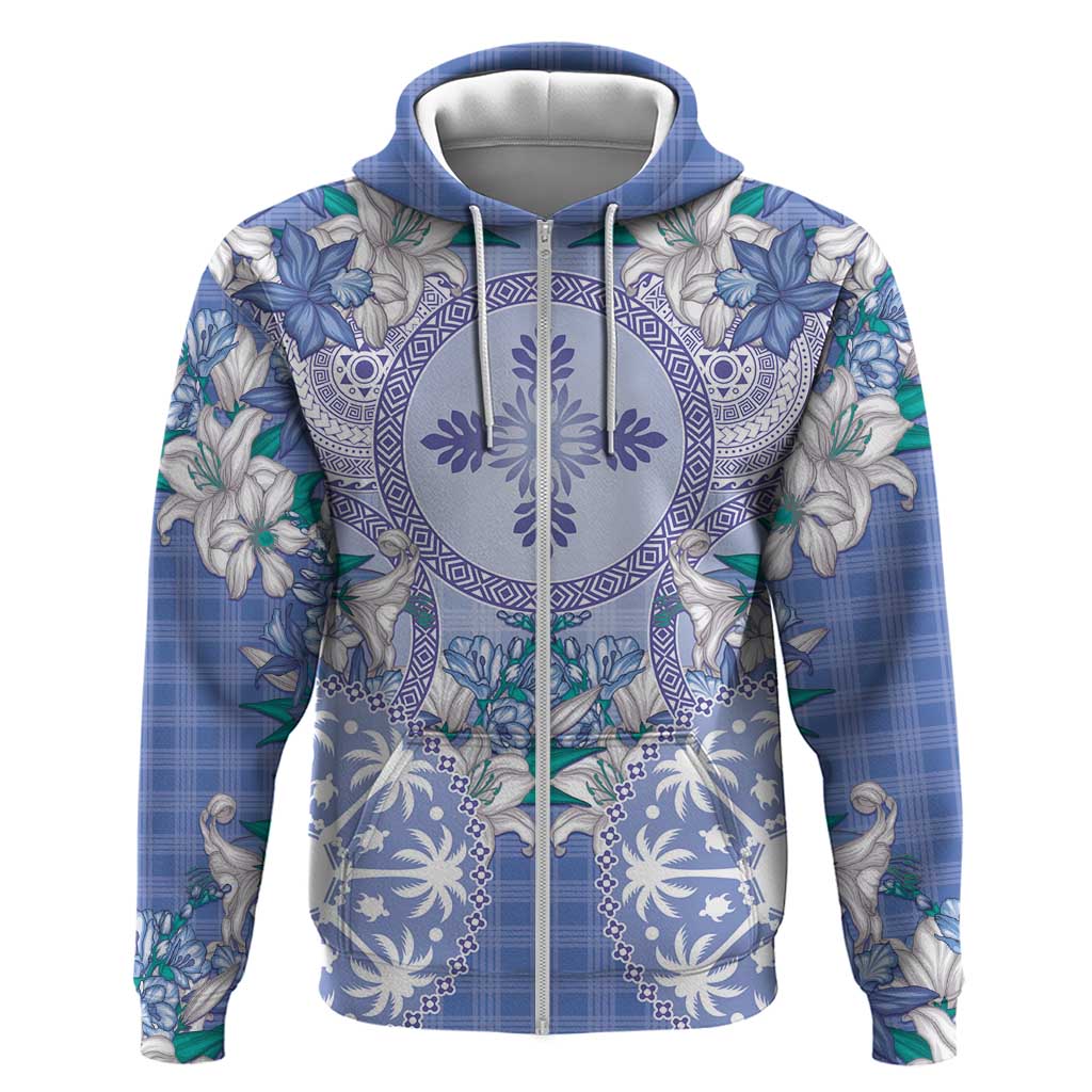 Hawaii Violet Palaka Zip Hoodie With Tapa Pattern Tropical Flowers - Polynesian Pride
