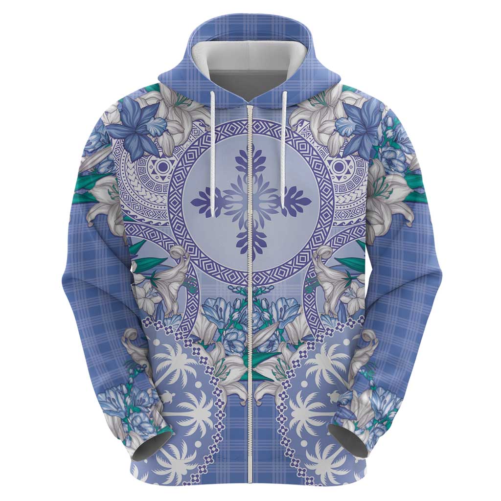 Hawaii Violet Palaka Zip Hoodie With Tapa Pattern Tropical Flowers - Polynesian Pride