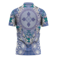 Hawaii Violet Palaka Zipper Polo Shirt With Tapa Pattern Tropical Flowers - Polynesian Pride