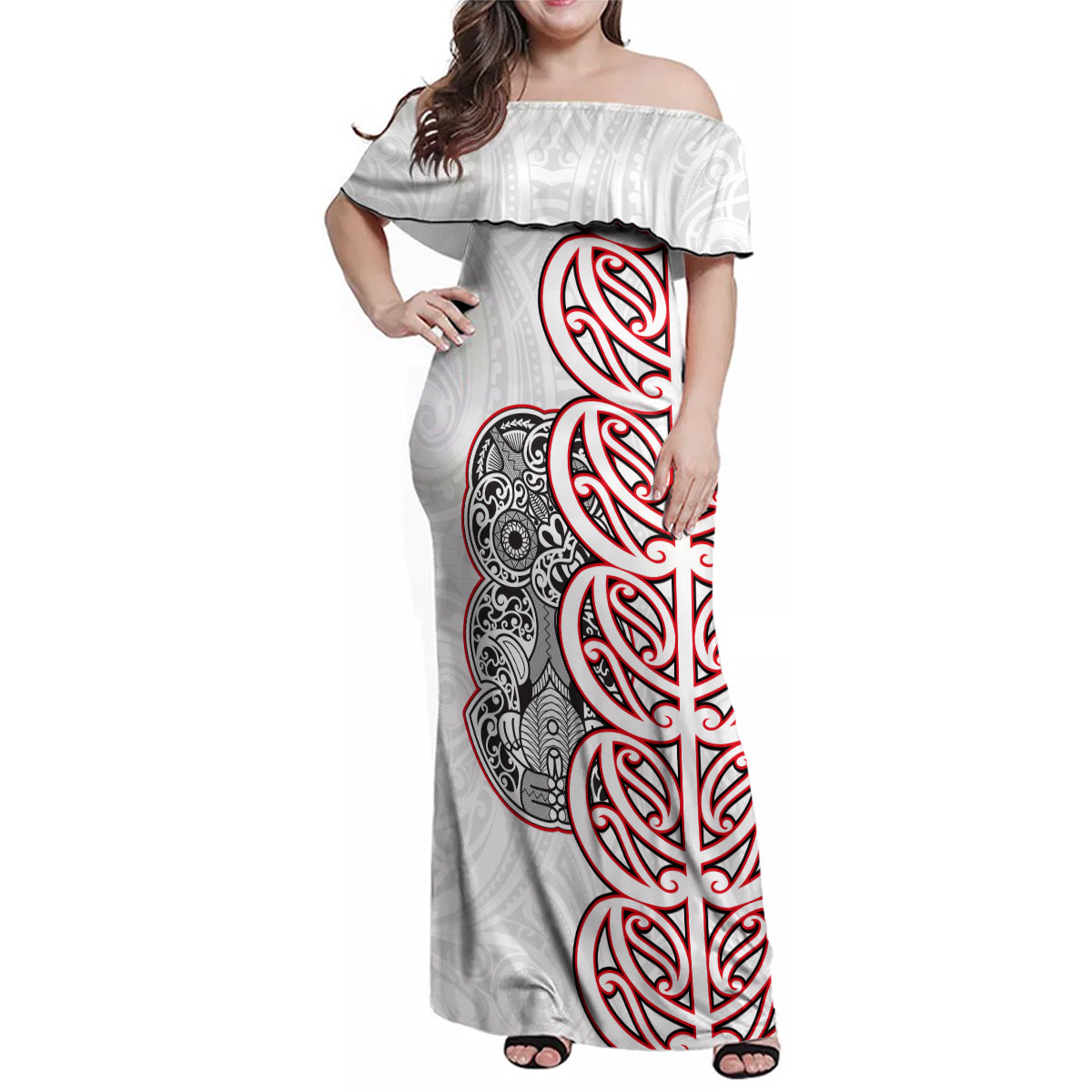 Aotearoa New Zealand Family Matching Off Shoulder Maxi Dress and Hawaiian Shirt Maori Marae Pattern Tiki LT05 Mom's Dress White - Polynesian Pride
