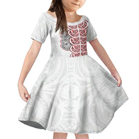 Aotearoa New Zealand Family Matching Off Shoulder Short Dress and Hawaiian Shirt Maori Marae Pattern Tiki LT05 Daughter's Dress White - Polynesian Pride
