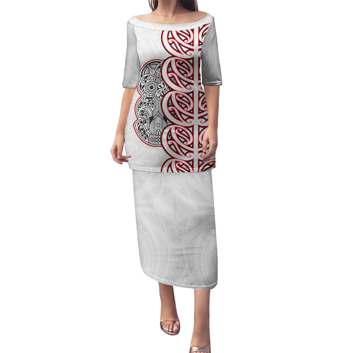 Aotearoa New Zealand Family Matching Puletasi Dress and Hawaiian Shirt Maori Marae Pattern Tiki LT05 Mom's Dress White - Polynesian Pride
