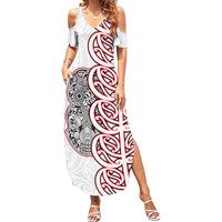Aotearoa New Zealand Family Matching Summer Maxi Dress and Hawaiian Shirt Maori Marae Pattern Tiki LT05 Mom's Dress White - Polynesian Pride