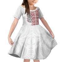Aotearoa New Zealand Family Matching Tank Maxi Dress and Hawaiian Shirt Maori Marae Pattern Tiki LT05 Daughter's Dress White - Polynesian Pride