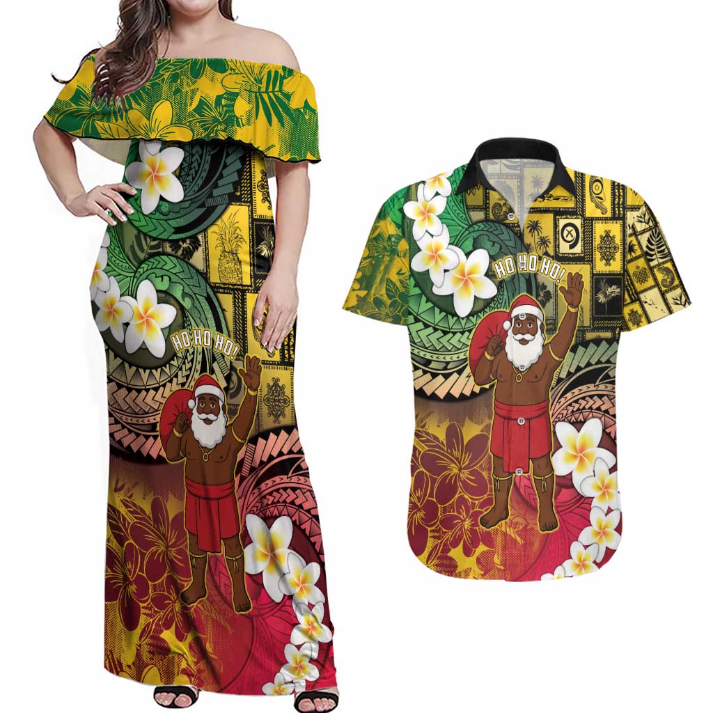 Vanuatu Christmas Couples Matching Off Shoulder Maxi Dress and Hawaiian Shirt Ni-Van Santa Retro Style - Polynesian Pride