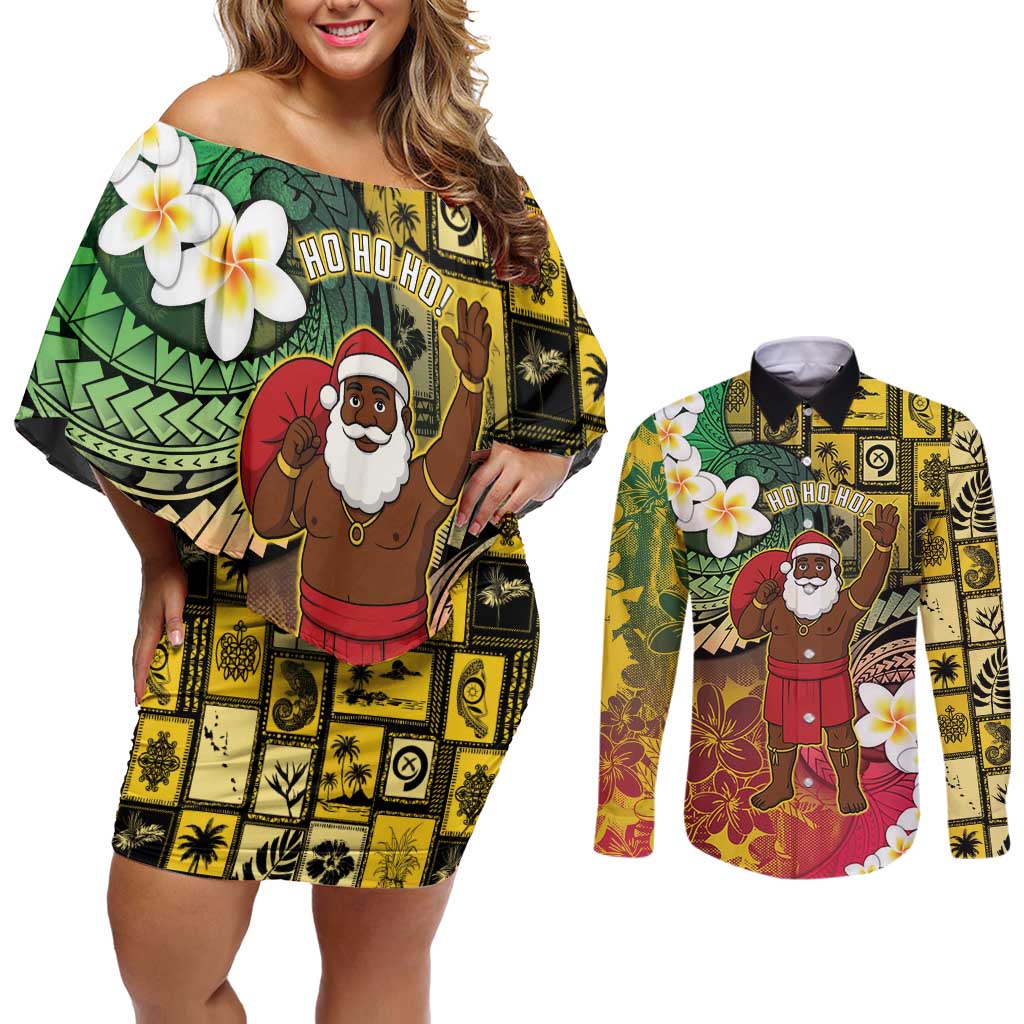 Vanuatu Christmas Couples Matching Off Shoulder Short Dress and Long Sleeve Button Shirt Ni-Van Santa Retro Style - Polynesian Pride