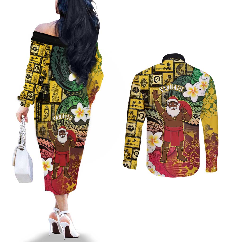 Vanuatu Christmas Couples Matching Off The Shoulder Long Sleeve Dress and Long Sleeve Button Shirt Ni-Van Santa Retro Style - Polynesian Pride