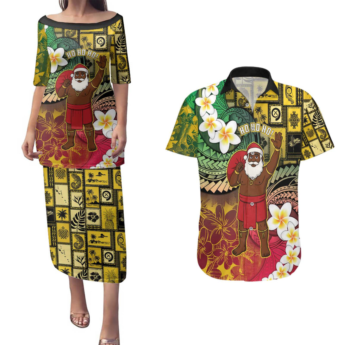 Vanuatu Christmas Couples Matching Puletasi and Hawaiian Shirt Ni-Van Santa Retro Style - Polynesian Pride