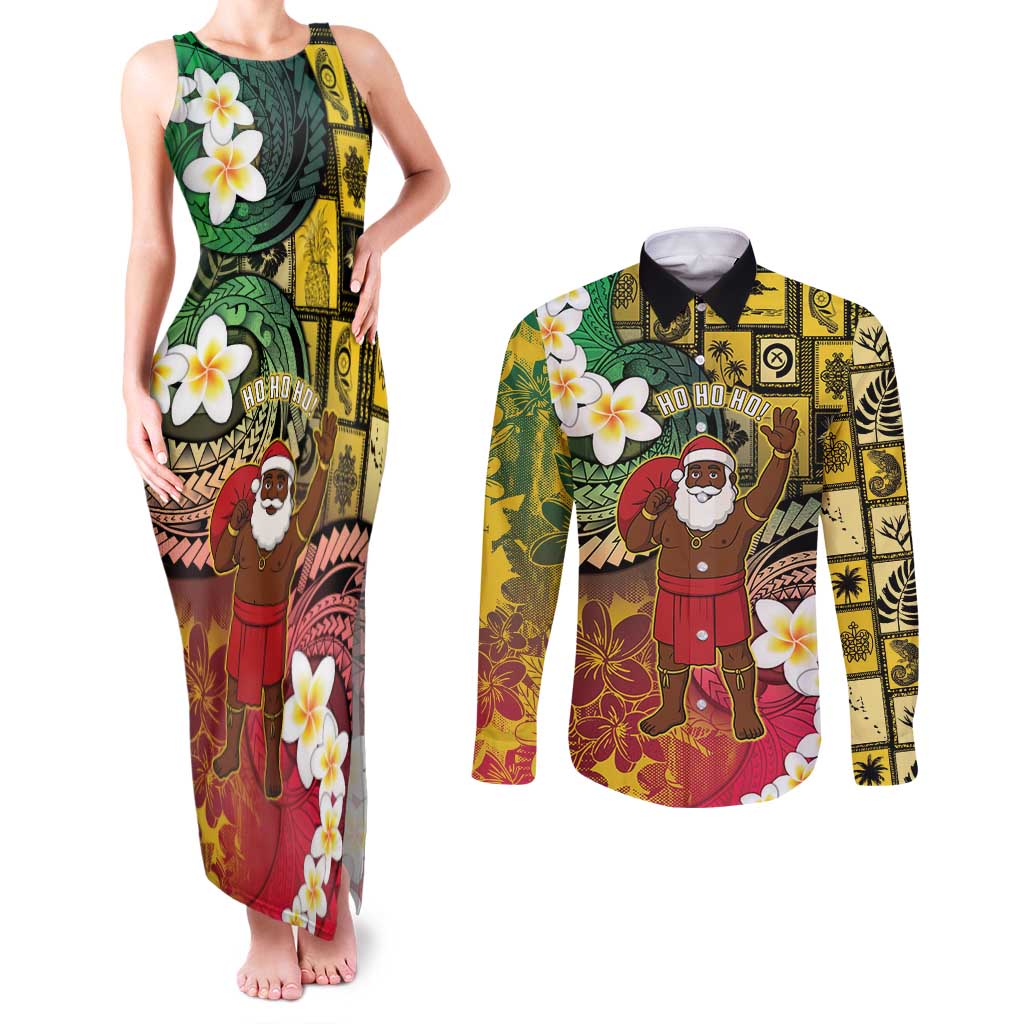 Vanuatu Christmas Couples Matching Tank Maxi Dress and Long Sleeve Button Shirt Ni-Van Santa Retro Style - Polynesian Pride