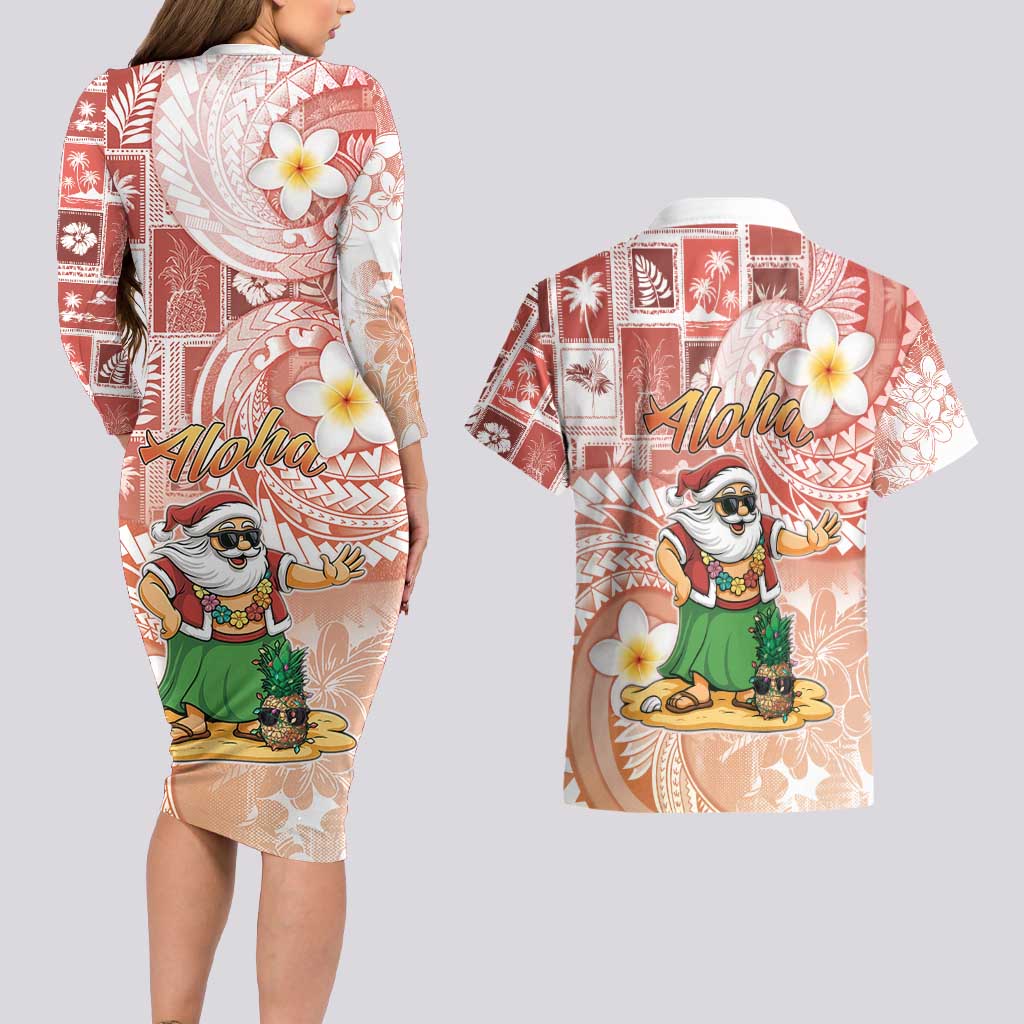 Hawaii Mele Kalikimaka Couples Matching Long Sleeve Bodycon Dress and Hawaiian Shirt Hula Santa Retro Style Red - Polynesian Pride