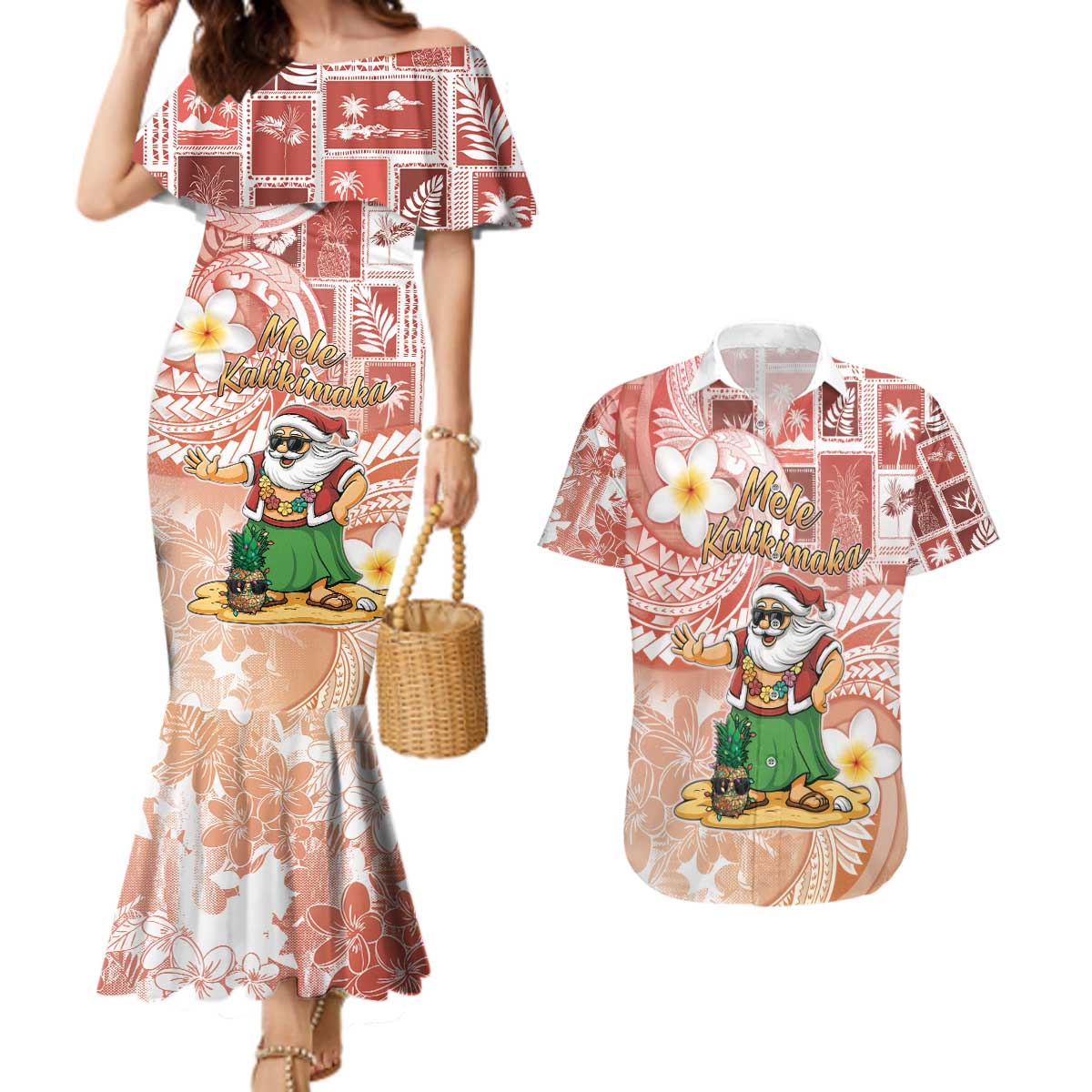 Hawaii Mele Kalikimaka Couples Matching Mermaid Dress and Hawaiian Shirt Hula Santa Retro Style Red - Polynesian Pride