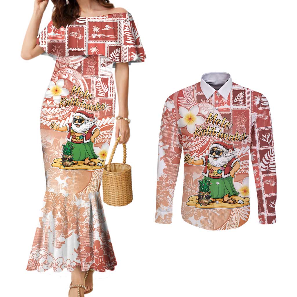 Hawaii Mele Kalikimaka Couples Matching Mermaid Dress and Long Sleeve Button Shirt Hula Santa Retro Style Red - Polynesian Pride
