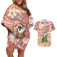 Hawaii Mele Kalikimaka Couples Matching Off Shoulder Short Dress and Hawaiian Shirt Hula Santa Retro Style Red - Polynesian Pride