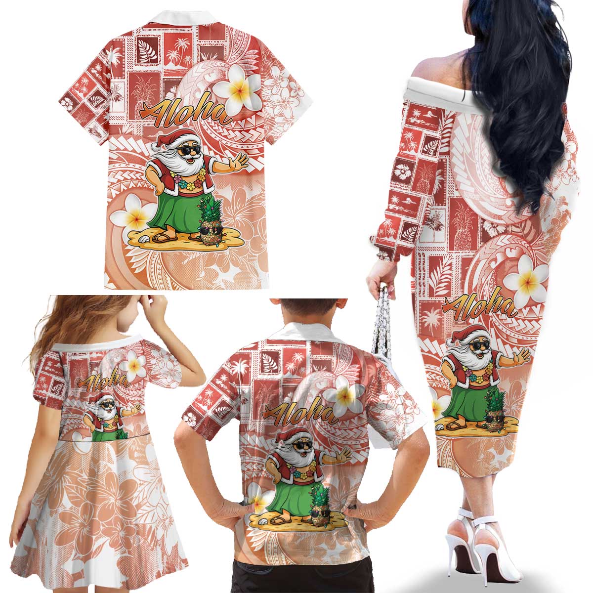 Hawaii Mele Kalikimaka Family Matching Off The Shoulder Long Sleeve Dress and Hawaiian Shirt Hula Santa Retro Style Red - Polynesian Pride