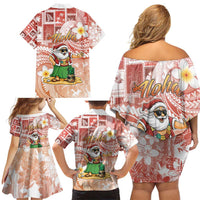 Hawaii Mele Kalikimaka Family Matching Off Shoulder Short Dress and Hawaiian Shirt Hula Santa Retro Style Red - Polynesian Pride