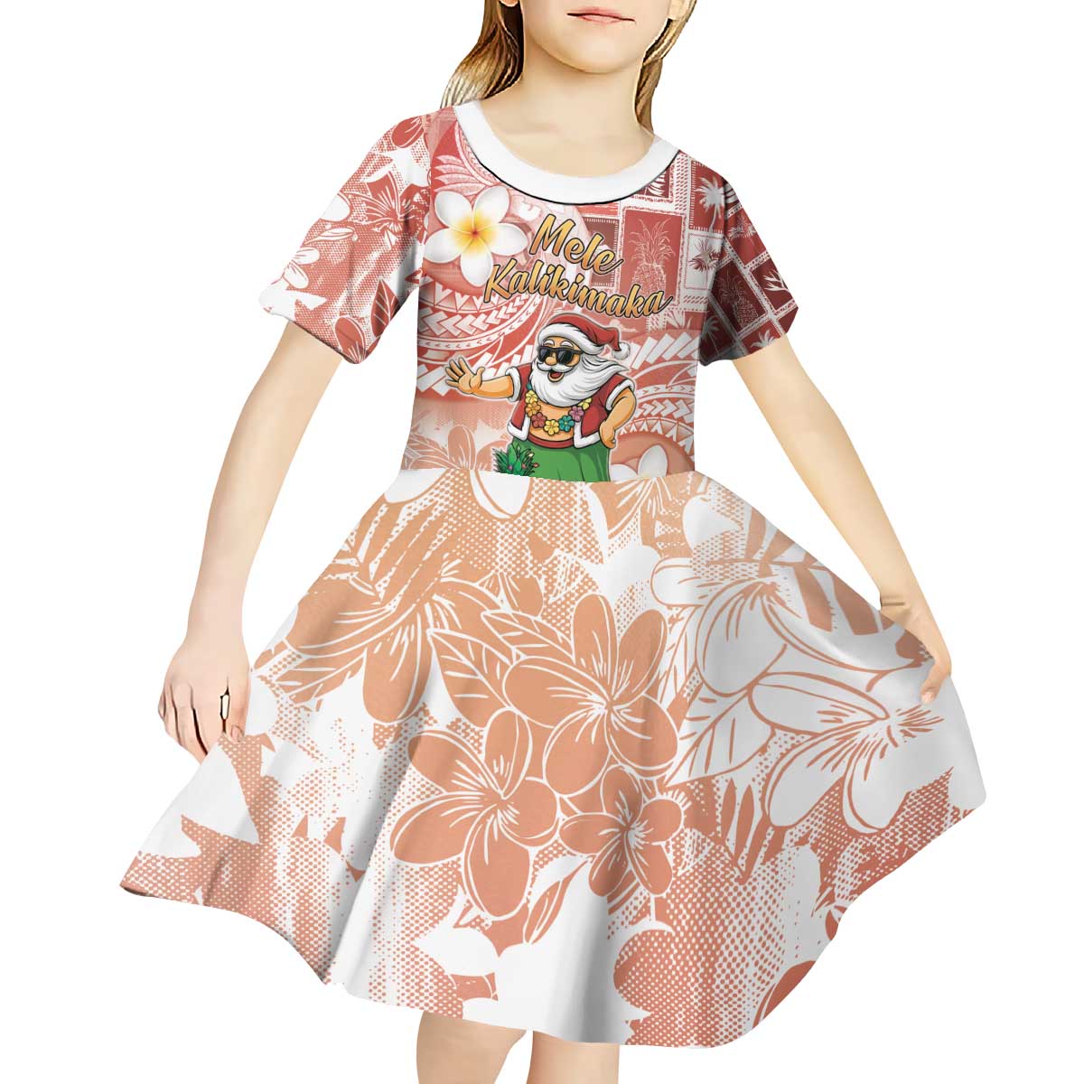 Hawaii Mele Kalikimaka Kid Short Sleeve Dress Hula Santa Retro Style Red - Polynesian Pride